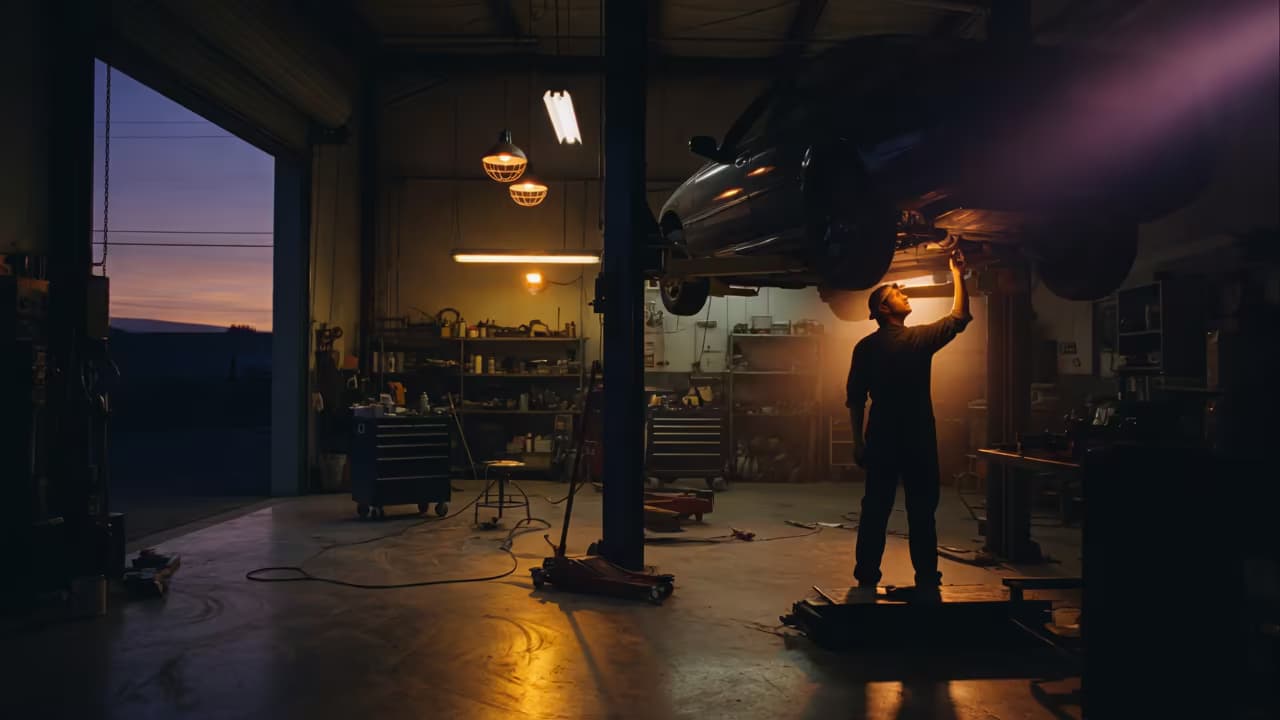 ASE-certified technician working on an engine in the Santini service bay